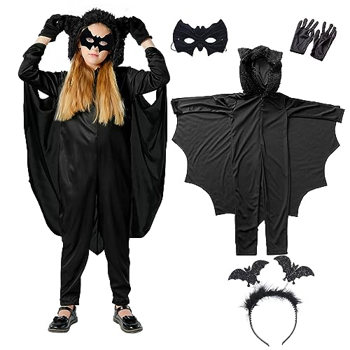 ATOWORLD Halloween Fledermaus Kostüm Kinder 98 104 mit Fledermaus Kostüm Mädchen Jungen Overall Haarreif Maske Handschuhen Fledermaus Umhang Kinder Halloween Kostüm Kinder Fledermaus Vampir, Schwarz von ATOWORLD