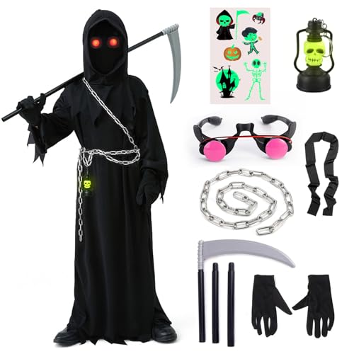 ATOWORLD Halloween Kostüm Sensenmann Kinder Kostüm Sensenmann Kinder Verkleidung Halloween Jungen 10 11 12 Jahre Kostüm Sensenmann Schwarzer Umhang Kleid Sensenmann Sichel Halloween Brille Kette von ATOWORLD