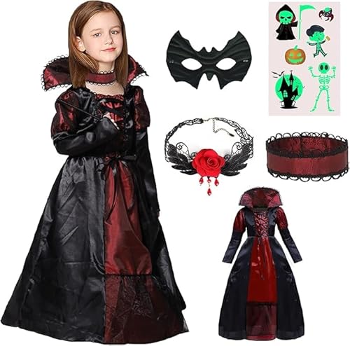 ATOWORLD Halloween Vampir Kostüm Mädchen, 5-12 Jahre Königin Verkleidung Kostüm Kinder Vampir Gebiss für Halloween, Karneval, Fasching (M) von ATOWORLD