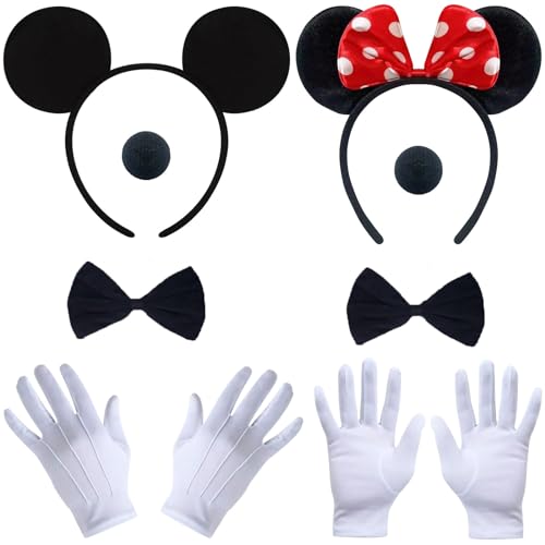 ATOWORLD Mini Mouse Kostüm Damen Kinder Mädche Erwachsene mit Mouse Ohren Haarreif Nase Handschuhe Schleife Mini Mouse Kostüm Damen Kinder Mini Maus Kostüm Kinder Mädchen Damen Fasching von ATOWORLD