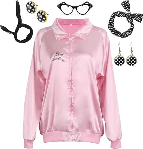 ATOWORLD Rosa Jacke für Damen und Erwachsene, 50er Jahre Fasching mit Zubehör, Schal, Stirnbänder, Ohrringe, Brille, Rosa, Damenjacke, Fett, Kostüm, Outfit für Damen, Halloween ATOWORLD Rosa Jacke für Damen und Erwachsene, 50er Jahre Fasching mit Zubehör, Schal, Stirnbänder, Ohrringe, Brille, Rosa, Damenjacke, Fett, Kostüm, Outfit für Damen, Halloween von ATOWORLD