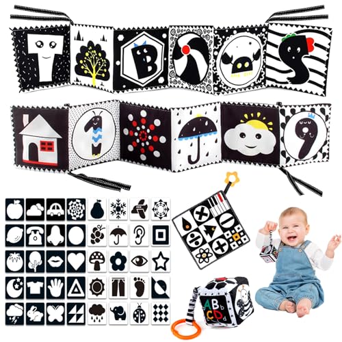 Buch schwarz und weiß Baby Stoffbuch Baby Spielzeug 0 3 6 9 12 Monate Buch Baby Schwarz und Weiß Karte Montessori sensorische Spiele Baby Spielzeug zum Aufhängen Baby Geschenk Geburt Mädchen Jungen von ATOWORLD