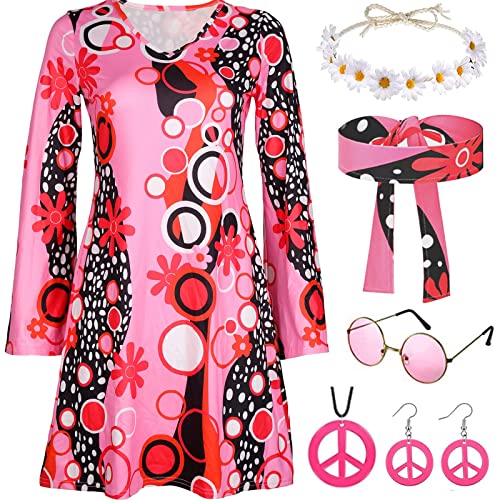 Hippie Kostüm Damen Kleid Set mit 70er Jahre Kleid Hippie Accessoires 60er 70er Jahre Outfit Damen Party Disco Karneval 70er Kostüm Hippie kleidung Damen Frau 70er Jahre Bekleidung Damen 70er Mode(L) von ATOWORLD