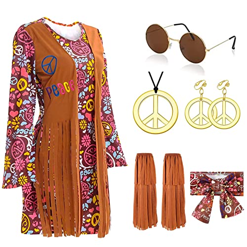 ATOWORLD Hippie Kostüm Damen Set mit 70er Jahre Bekleidung Damen Kleid & Hippie Kleidung Damen zubehör 60er 70er Outfits Kleid Mädchen Damen Disco Halloween Faschingskostüme für Karneval(XL) von ATOWORLD