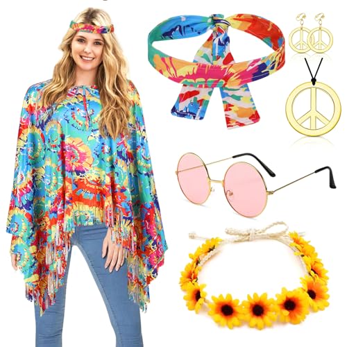 Hippie Kostüm Set Mit Poncho und Zubehör - Karneval Fasching Damen Boho Flower Power 60er 70er Jahre Bekleidung - Cowgirl Kostüm Disco Outfit von ATOWORLD