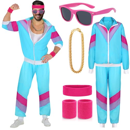 90er 80er Jahre Outfit Herren Mottoparty Neon Kostüm 80er Jahre Trainingsanzug Jacke Hose Anzug Accessoire 80er Jahre Kleidung Herren Partner Karneval Kostüm Bad Taste Party Kostüme 80iger XXL von ATOWORLD