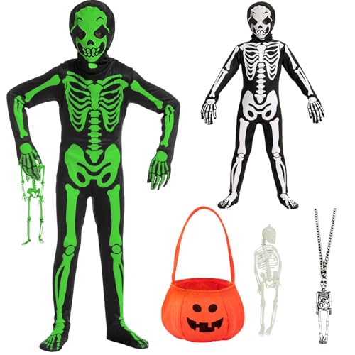 Kostüm Skelett Jungen Kinder Mädchen 6 7 Jahre Glow in the Dark Overall Kostüm Skelett Verkleidung Halloween Horror Jungen Kinder mit Neon Figur Schädel Handschuh Maske von ATOWORLD