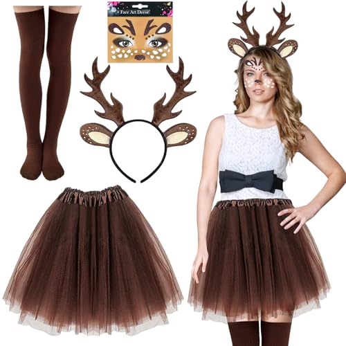 Reh Kostüm Damen Mit Braunem Tüllrock, Geweih Haarreif, Tattoo Socken - Rentier Erwachsene Karneval Bambi Tütü Rock Braun Rehkitz Fasching von ATOWORLD