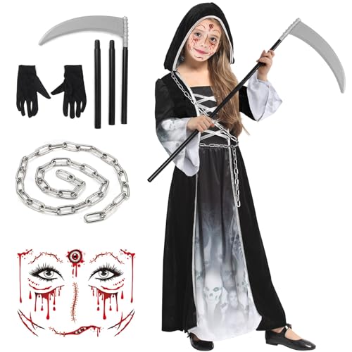 Sensenmann Kostüm Mädchen Kinder 146 152 Gruselig Halloween Mit Sense Handschuhen Ketten Aufkleber Scream Reaper Schwarzer Umhang Mit Kapuze von ATOWORLD