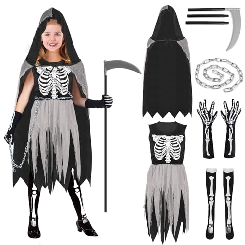 Sensenmann-Kostüm für Kinder, Mädchen, Skelett-Kostüm, Kinder, 12–13–14 Jahre, Halloween, Sensenmann, Robe, Tod, Skelettkleid, Mädchen, Sensenmann, Umhang, schwarz, Halloween, Sensenmann, Handschuhe von ATOWORLD
