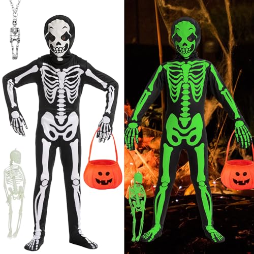 Skelett-Kostüm für Kinder von 10–12 Jahren, für Jungen und Mädchen, Skelett-Kostüm, Halloween-Kostüm, leuchtet im Dunkeln, Skelett-Kostüm, Einteiler, Handschuhe, Maske, Skelett-Outfits, Halloween von ATOWORLD