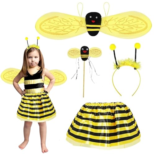 ATSGJLZN Bienenkostüm Kinder,4er Biene Maja Kostüm mit Bienen Flügel Zauberstab Haarreif,Faschingskostüme Kinder Mädchen Rollenspielen von ATSGJLZN