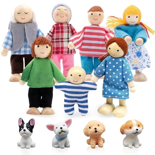 ATSGJLZN Puppenhaus Puppen,7er Biegepuppen Familie,Puppenhäus Figuren mit 4er Hund,KleinePuppenfiguren, Puppenhaus Zubehör Holz für Puppenstube Geschenk von ATSGJLZN