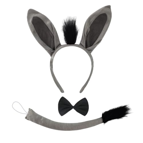 ATSNOSH 3 Stück Esel Kostüm Set, Tier Kostüm Set, Haarreif mit Ohren, Fliege, Schwanz, Party Dekoration Zubehör, Tier Verkleiden Set, Karneval, Fasching, Maskerade, Cosplay (Grau) von ATSNOSH