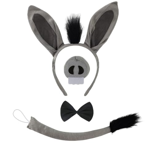 ATSNOSH 4 Stück Esel Kostüm Set, Tier Kostüm Set, Haarreif mit Ohren, Fliege, Schwanz, Esel Nase, Party Dekoration Zubehör, Tier Verkleiden Set, Karneval, Fasching, Maskerade, Cosplay (Grau) von ATSNOSH