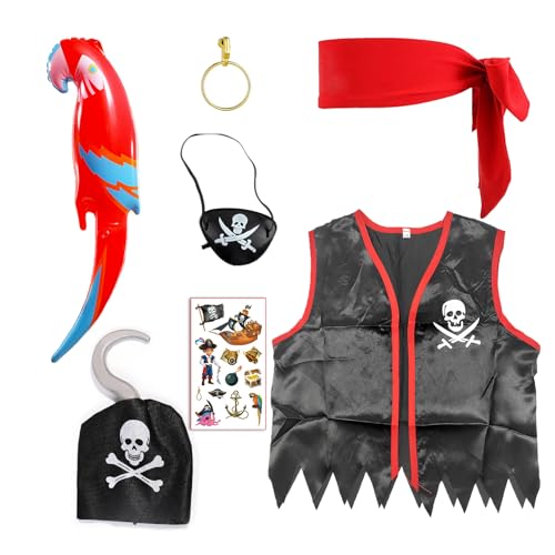 ATSNOSH 7-Teilig Piraten Kostüm Zubehör, Piraten-Rollenspiel-Kits für Jungen Mädchen, Partei Piratenkostüm Piratenparty Deko, für Fasching Karneval Cosplay Halloween Geburtstag (7-Teilig) von ATSNOSH