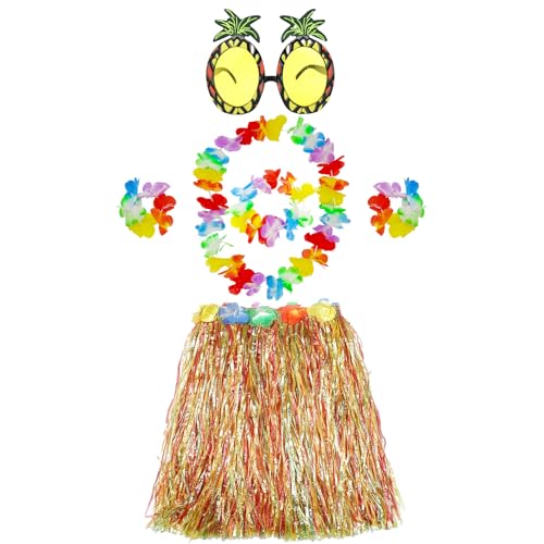 ATSNOSH Hawaiianisches Hula-Set, 40cm Hawaiianischer Grasrock, Ananas Sonnenbrille, Hawaii Girlanden Armbänder, Hawaii Party Faschingskostüm, für Tropische Party Dekoration Beachparty (A) von ATSNOSH