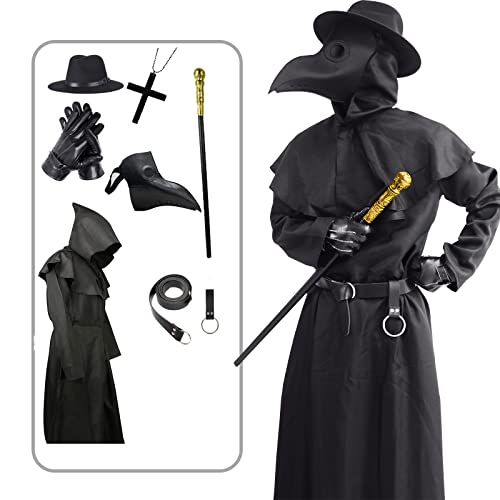 ATTBEA Halloween Kostüm Kompatibel für Pest Ärzte mit Vogel Schnabel Maske, Schwarzer Umhang Robe mit Kapuze, Mittelalter Mönch Priester Cosplay für Männer Frauen Erwachsene von ATTBEA