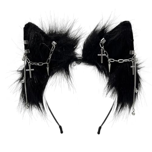 ATekatac Wolfsohren, handgefertigt, Tierohren, Halloween-Haarband, Katzenohren, rollbares Ohr (C, schwarzer Spike) von ATekatac