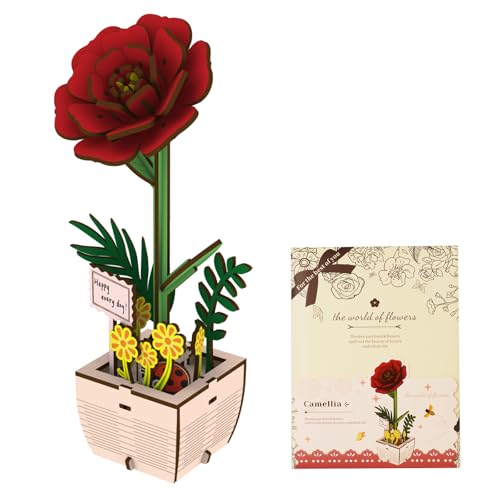 AUAUY 3D Puzzle Blumen Blumenstrauß Hölzerne Blüte Handwerk Modell Kits für Erwachsene Ewige Blumen, Romantisches Geschenk für Ihren Geburtstag/Valentinstag/Muttertag, DIY Zuhause Geschenke-Rot von AUAUY