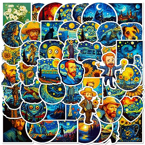 50 Stück Van Gogh Sternenhimmel Aufkleber Pack Ölgemälde Sticker Set Wasserdichte Vinyl Sticker für Laptop Kinder Autos Motorrad Fahrrad Skateboard Gepäck Koffer Computer Aufkleber Graffiti Decal von AUCEKO