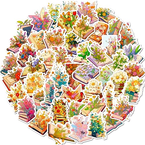 50 Stück Bücher Blumen Aufkleber Pack Blumen Sticker Set wasserdichte Vinyl Sticker für Laptop Kinder Autos Motorrad Fahrrad Skateboard Gepäck Koffer Computer Aufkleber Graffiti Decal von AUCEKO