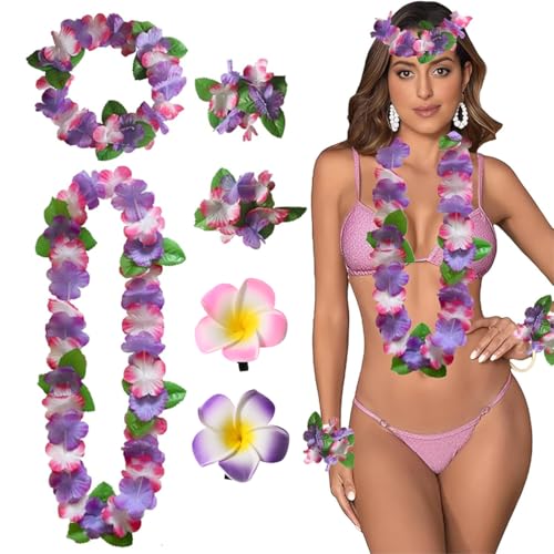 AUEFUDQ 6 Pcs Hawaiiketten Hawaii Blumen Kette Blumenketten Hawaiian Kette Haarband Armbänder Grasrock Party Kostüm Zubehör Blumenkette Für Karnevals Weihnachten Neujahr Cheerleading Strand Hochzeit von AUEFUDQ