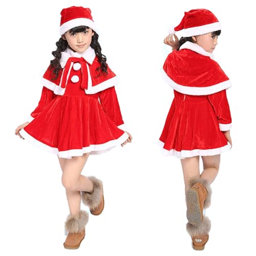 AUEJACKY Weihnachtskleid für Mädchen, Weihnachtsmann Kostüm für Kinder Mit Mütze, Weihnachtskostüm Set für Cosplay Party (90cm) von AUEJACKY