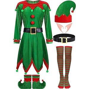 Komplettes Set Weihnachtself, Unisex, Erwachsene – Kostüm Samt rot grün 6-teilig mit Hut & Zubehör – Geschenkidee für Paare oder Party Cosplay (Größe S) von AUEJACKY