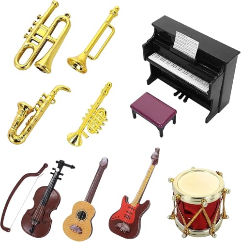 Miniatur Wichtel Zubehör, 11 Stück Miniatur Instrumente, Puppenhaus Mini Musikinstrument Modell 1:12 Klavier Violine E-Gitarre Trompete Saxophon Modell Zubehör für Puppenhaus Mini Musikzimmer Miniatur Wichtel Zubehör, 11 Stück Miniatur Instrumente, Puppenhaus Mini Musikinstrument Modell 1:12 Klavier Violine E-Gitarre Trompete Saxophon Modell Zubehör für Puppenhaus Mini Musikzimmer von AUEJACKY