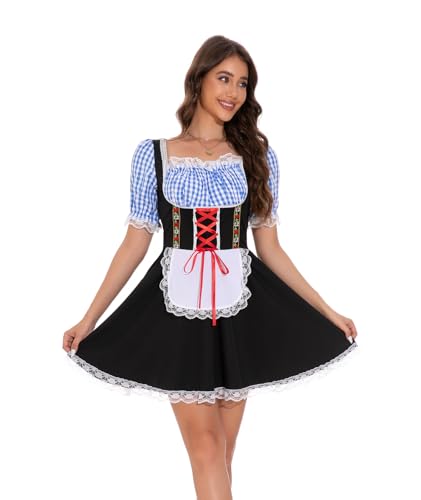 Oktoberfest Outfits Damen Spitze Trim Plaid Dirndl Kleider Oktoberfest Kostüm für Traditionelle Bayerische Deutsche Outfits, Blau, Large Oktoberfest Outfits Damen Spitze Trim Plaid Dirndl Kleider Oktoberfest Kostüm für Traditionelle Bayerische Deutsche Outfits, Blau, Large von AUGERLEO