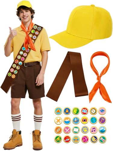 AUGSUN 27-teiliges Halloween-Pfadfinder-Kostüm-Set mit gelbem Hut, Satin-Schärpe, quadratischem Schal und Moral-Abzeichen für Mädchen, Frauen, Halloween, Cosplay, Camping, Party-Zubehör AUGSUN 27-teiliges Halloween-Pfadfinder-Kostüm-Set mit gelbem Hut, Satin-Schärpe, quadratischem Schal und Moral-Abzeichen für Mädchen, Frauen, Halloween, Cosplay, Camping, Party-Zubehör von AUGSUN
