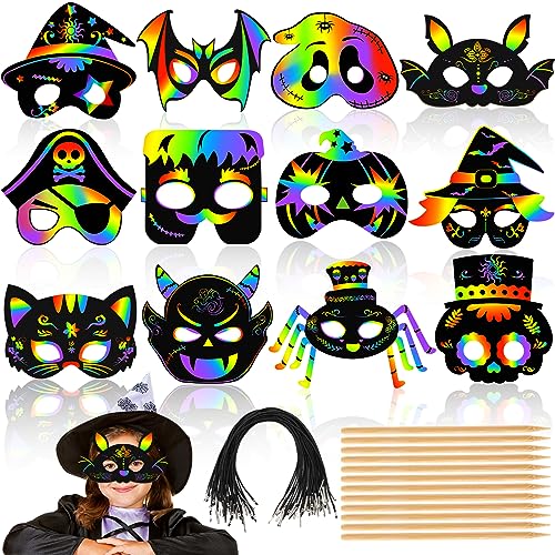 AUGSUN Halloween Basteln, 36 Stück Halloween Maske Halloween Regenbogen Kratzmasken Scratch Art Masken Halloween Kratzbilder für Halloween Partyspiele von AUGSUN