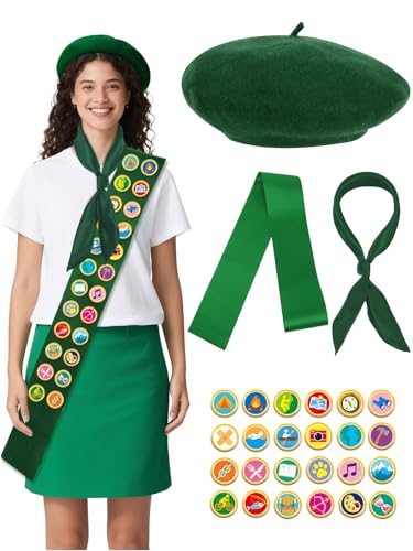 AUGSUN Pfadfinder-Kostüm-Set, grüne Baskenmütze, Satin-Schärpe, quadratischer Schal und Moral-Abzeichen für Damen, Halloween, Camping, Party, Outfit, 26-teilig AUGSUN Pfadfinder-Kostüm-Set, grüne Baskenmütze, Satin-Schärpe, quadratischer Schal und Moral-Abzeichen für Damen, Halloween, Camping, Party, Outfit, 26-teilig von AUGSUN