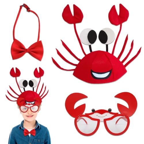 3 Stk Krabben Kostüm Lustiges Krabben Kostüm-Set - Witziges Hut-, Brillen- und Fliegen-Dreierset für Erwachsene und Jugendliche - Perfektes Accessoire für Fasching, Halloween und Themenpartys von AUGTYRLV
