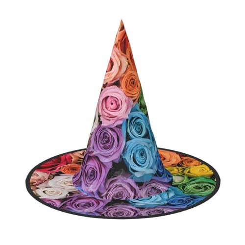 AUGUSTRUSH Verstellbarer Hexenhut für Damen und Herren, Regenbogen-Blumen, Halloween-Hut, Faltbare Halloween-Partyzubehör, spitze Zauberermütze für Cosplay, Karneval, Maskerade, 1 Stück von AUGUSTRUSH
