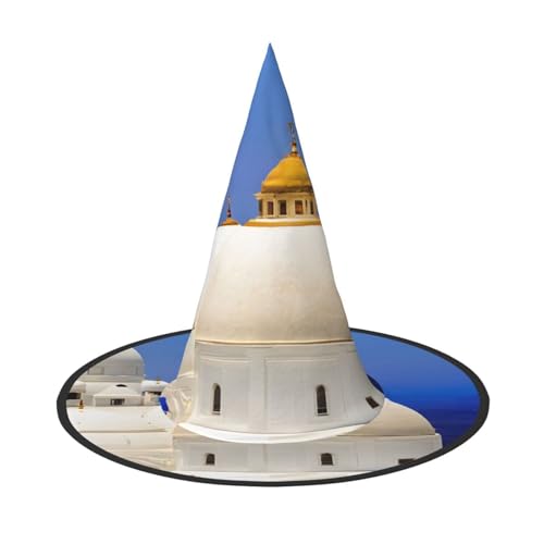 AUGUSTRUSH Verstellbarer Hexenhut für Frauen & Männer, Santorini Griechische Insel Meer Halloween Hut Faltbare Halloween Party Zubehör Spitze Zauberer Kappe für Cosplay Karneval Maskerade 1 Stück von AUGUSTRUSH