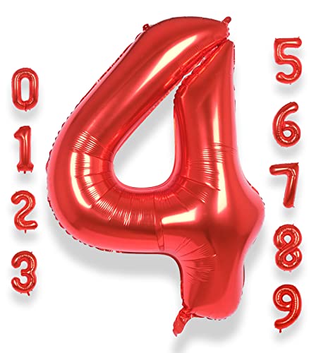 AULE Luftballon Zahl 4 Rot: XXL 101 cm Zahlen Folienballon Geburtstag Rot 4 Jahre 40 Zoll Helium Ballon Kinder Junge Mädchen Zahlenballon für Babyparty Jubiläum Deko von AULE