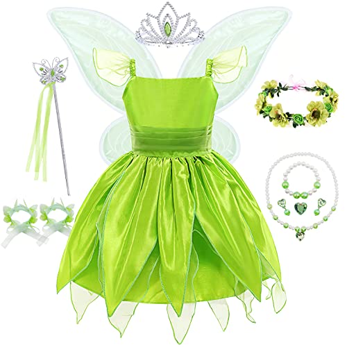 AUNC Mädchen Fairy Princess Kleid Grün Tinkerbell Kostüm für Cosplay Karneval Halloween Geburtstagsfeier Kleid mit Flügeln und Zubehör 7-8T von AUNC