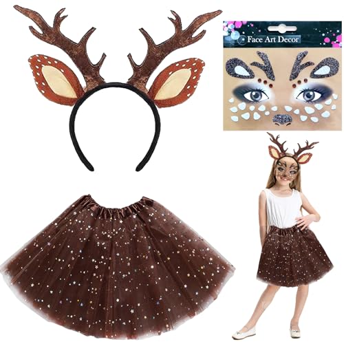AUNGCSHE 3-teiliges Tierkostüm Kinder, Reh Kostüm, Mädchen Tutu Rock mit Tier Reh Stirnband + Schwanz, Reh Gesicht Kunst Tattoo, Reh Kostüm Set für Karneval Fasching Halloween Cosplay Party (Reh) AUNGCSHE 3-teiliges Tierkostüm Kinder, Reh Kostüm, Mädchen Tutu Rock mit Tier Reh Stirnband + Schwanz, Reh Gesicht Kunst Tattoo, Reh Kostüm Set für Karneval Fasching Halloween Cosplay Party (Reh) von AUNGCSHE