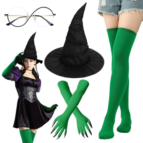 AUNGCSHE 4PCS Hexen Zubehör, Hexe Elphaba Kostüm Zubehör, Enthält Hexenhut, Brille, Grüne Handschuhe, Grüne Socken, für Halloween Deko, Zauberer Cosplay Requisiten, Karneval Verkleidung Party von AUNGCSHE