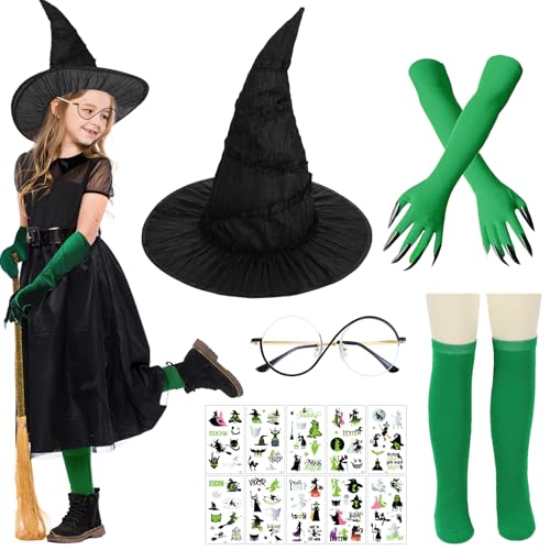 AUNGCSHE 5PCS Hexen Zubehör Kinder, Enthält Hexenhut Kinder, Brille, Grüne Handschuhe, Grüne Socken, Hexenaufkleber, für Halloween Deko, Zauberer Cosplay Requisiten, Karneval Verkleidung Party von AUNGCSHE