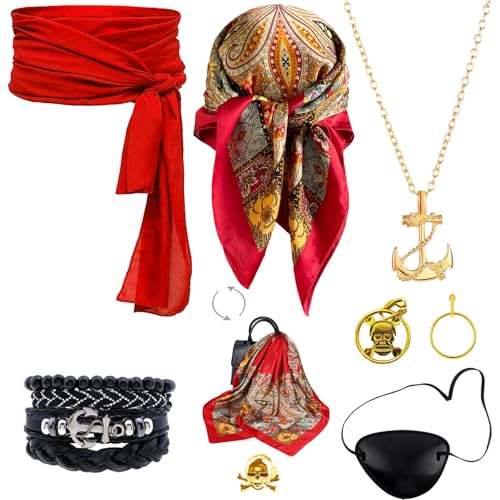 AUNGCSHE 7PCS Mittelalter Pirate Accessories, Piratenkostüm Damen und Herren Es Gibt Hüfttuch, Kopftuch, Augenmaske, Halskette, Ohrringe, Ring, Armband, für Halloween Cosplay Party(Rote Cashewblüte) AUNGCSHE 7PCS Mittelalter Pirate Accessories, Piratenkostüm Damen und Herren Es Gibt Hüfttuch, Kopftuch, Augenmaske, Halskette, Ohrringe, Ring, Armband, für Halloween Cosplay Party(Rote Cashewblüte) von AUNGCSHE