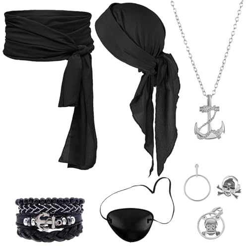 AUNGCSHE 7PCS Mittelalter Pirate Accessories, Piratenkostüm Damen und Herren Es Gibt Hüfttuch, Kopftuch, Augenmaske, Halskette, Ohrringe, Ring, Armband, für Halloween Cosplay Party(Schwarz) von AUNGCSHE