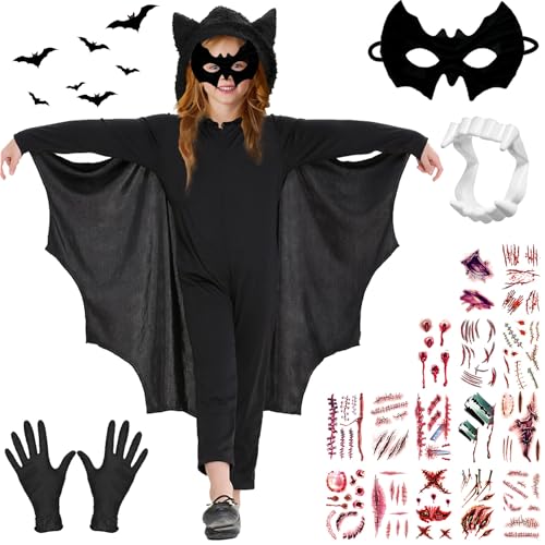 AUNGCSHE 18 Stück Fledermaus Kostüm Kinder, S/M/L/XL, Halloween Fledermaus Umhang mit Hut, Vampirzähne, Bat Maske, Halloween Tattoo, für Mädchen Jungen Halloween Cosplay Fasching Karneval(M) von AUNGCSHE