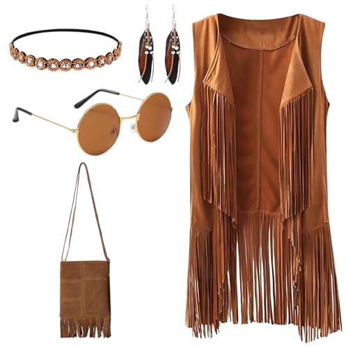 AUNGCSHE Hippie Kleidung Damen S/M/L/XL/XXL, 70er Jahre Outfit Damen, Kostüm Damen Hippie Retro, Festival Outfit Hippie Damen, 60er Fransen Weste Hippie, Damen Karneval, Halloween Party (M) von AUNGCSHE