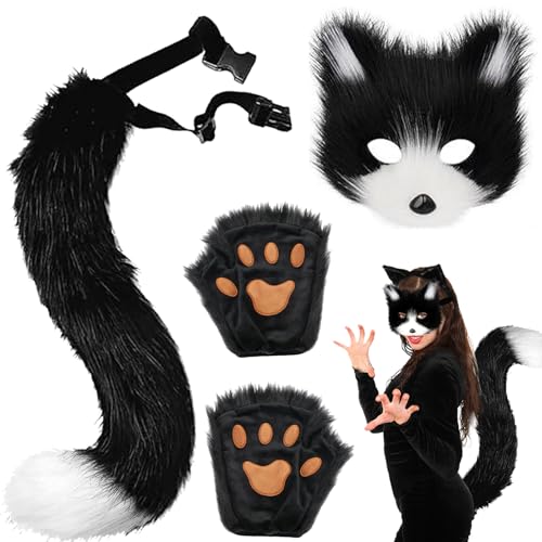 AUNGCSHE 3 Stück Pelzige Fuchs Maske, Therian Tail, Handschuhe, Karneval Mask Ostern Halloween Party Cosplay Kostüm Zubehör Set für Frau Mädchen Kinder Erwachsene (Schwarz Weiß) AUNGCSHE 3 Stück Pelzige Fuchs Maske, Therian Tail, Handschuhe, Karneval Mask Ostern Halloween Party Cosplay Kostüm Zubehör Set für Frau Mädchen Kinder Erwachsene (Schwarz Weiß) von AUNGCSHE