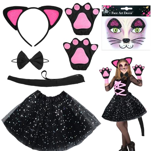 7-teiliges Tierkostüm Kinder, Katze Kostüm, Mädchen Tutu Rock + Katzenohren + Fliege + Schwanz + Katzenkrallen + Tattoo, Kostüm Katze Kinder für Karneval Fasching Halloween Cosplay Party (Katze) 7-teiliges Tierkostüm Kinder, Katze Kostüm, Mädchen Tutu Rock + Katzenohren + Fliege + Schwanz + Katzenkrallen + Tattoo, Kostüm Katze Kinder für Karneval Fasching Halloween Cosplay Party (Katze) von AUNGCSHE