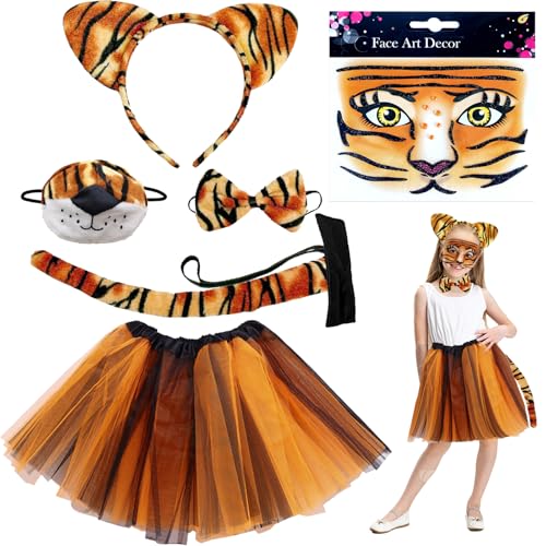 6-teilig Tierkostüm Kinder, Tiger Kostüm, Mädchen Tutu Rock + Tier Tiger Ohren Stirnband Nase + Fliege + Schwanz + Tattoo, Tiger Kostüm Set für Karneval Fasching Halloween Cosplay Party (Tiger) 6-teilig Tierkostüm Kinder, Tiger Kostüm, Mädchen Tutu Rock + Tier Tiger Ohren Stirnband Nase + Fliege + Schwanz + Tattoo, Tiger Kostüm Set für Karneval Fasching Halloween Cosplay Party (Tiger) von AUNGCSHE