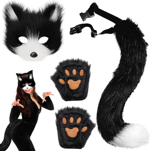 AUNGKWANG 3 Stück Schwarz-Weiße Pelzige Fuchs Maske, Schwanz und Pfoten Handschuhe Set, Cosplay Kostüm Zubehör für Halloween Weihnachten Karneval Party Verkleiden für Kinder und Erwachsene AUNGKWANG 3 Stück Schwarz-Weiße Pelzige Fuchs Maske, Schwanz und Pfoten Handschuhe Set, Cosplay Kostüm Zubehör für Halloween Weihnachten Karneval Party Verkleiden für Kinder und Erwachsene von AUNGKWANG